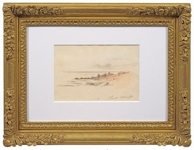 une image d'un tableau représentant un paysage dans un cadre doré