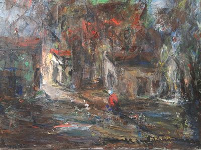 an oil painting of a person walking a dog down a street