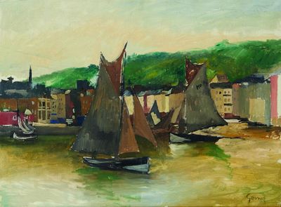 une peinture de bateaux sur l'eau dans un port