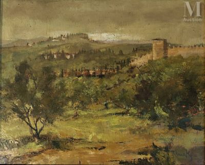 an image of a painting of a landscape with a castle in the distance
