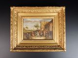 une peinture à l'huile représentant un groupe de personnes devant un bâtiment