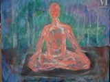 une peinture à l'huile représentant une personne assise en position du lotus
