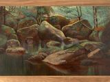 an oil painting of rocks and water in a wooded area