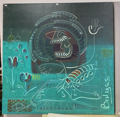 une photo d'un tableau posé sur un chevalet, lui-même posé sur une table
