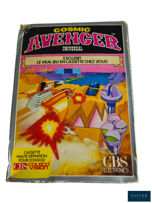 un vieux jeu vidéo intitulé « Cosmic Avenger » sur la jaquette