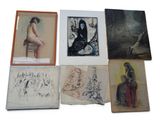several different pictures of a woman sitting on a chair in front of a white background