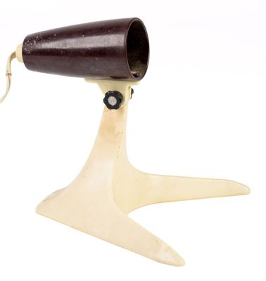 an image of a wooden table lamp with a brown shade on it
