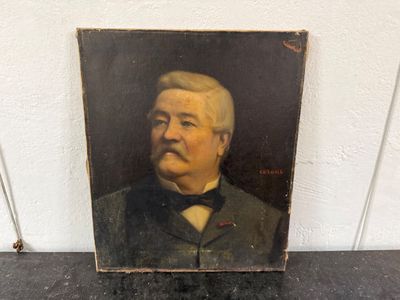 painting of a man in a suit and bow tie sitting on a table