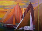 tableau représentant des voiliers dans un port au coucher du soleil, avec des voiles orange et rouges