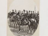 a black and white photo of a group of men on horses