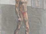 painting of a man in a bathing suit standing on a platform