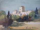 peinture représentant un tableau représentant un bâtiment avec des arbres au premier plan