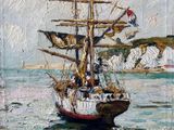 une peinture à l'huile représentant un bateau sur un plan d'eau, avec des falaises en arrière-plan