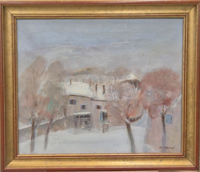 a painting of a house in the snow with trees in the foreground