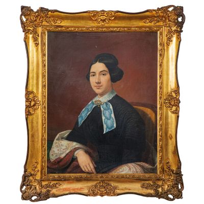 PEINTRE DU 19ÈME SIÈCLE Portrait d'une dame au ruban bleu
