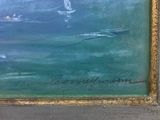 an oil painting of a sailboat in the ocean with a blue sky in the background