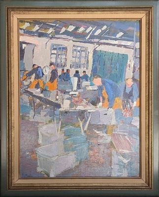 painting of a group of people in a room with tables and chairs