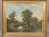 une peinture à l'huile représentant une scène fluviale avec du bétail près d'un pont
