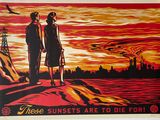 tableau représentant un homme et une femme debout sur une falaise, avec un coucher de soleil en arrière-plan