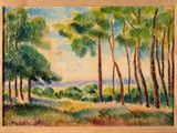 an oil painting of trees and grass in front of a blue sky