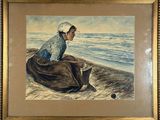 tableau représentant une femme assise sur une plage à côté d'un chat