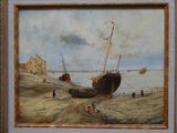 une image d'un tableau représentant un bateau sur la plage