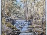 une peinture à l'huile représentant un ruisseau traversant une forêt parsemée de rochers