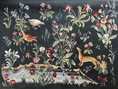 a picture of a tapestry with animals and flowers on it