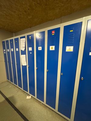 Plusieurs casiers bleus sont alignés en rang dans un couloir