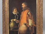 an old painting of a man holding a glass of wine next to another man