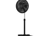 a black fan sitting on top of a stand on a white background