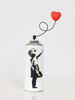 graffiti spray can with a red balloon floating in the air