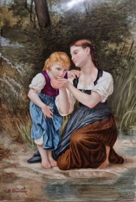 un tableau représentant une femme et un enfant dans l'eau