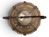 a silver bowl with a chain around it on a white surface