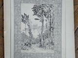 a drawing of a landscape with trees and a castle in the distance
