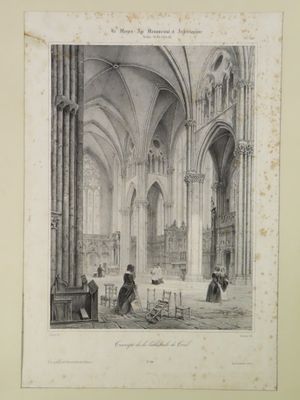 an old drawing of a church with a man sitting at a table