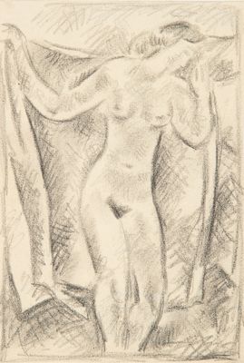 une image représentant le dessin d'une femme nue tenant un rideau