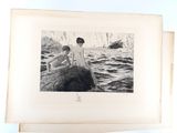 a picture of two people sitting on a rock by the water
