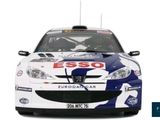 a white car with a blue and white design on the front