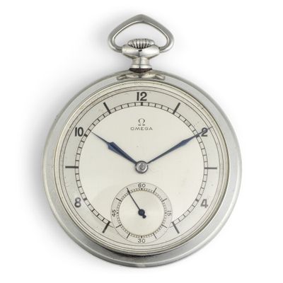 a silver pocket watch with a blue second hand