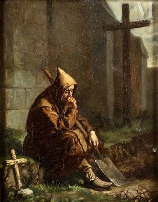 tableau représentant un homme assis par terre, un couteau à la main
