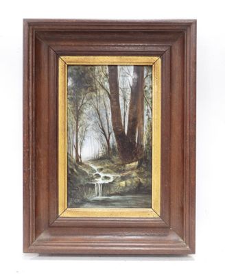 an oil painting of a stream in a wooded area with trees in the background