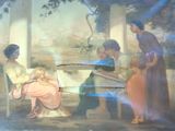 a painting of a woman holding a sword in front of a group of people