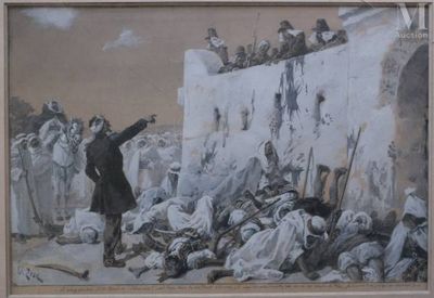 a painting of a man standing in front of a crowd of people