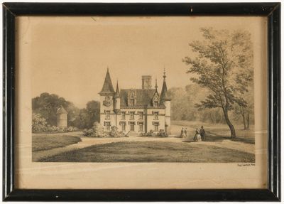 un vieux dessin représentant un château dans un champ, avec un homme assis sur un banc