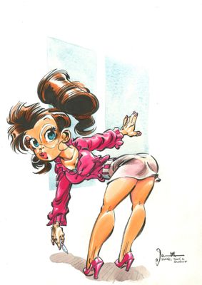 dessin représentant une femme en chemise rose et talons hauts, adossée à un mur