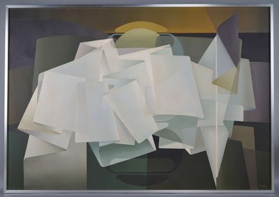 painting of a painting of a vase with papers and a bowl of fruit