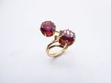 a close up of a ring with two red stones on it