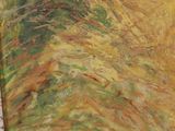 an oil painting of a yellow and green landscape with a white frame
