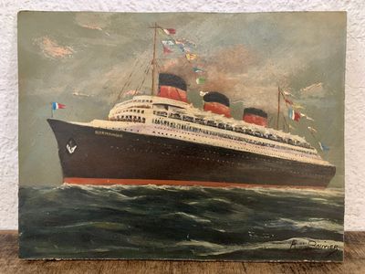 peinture représentant un grand paquebot de croisière en pleine mer, réalisée sur une surface en bois